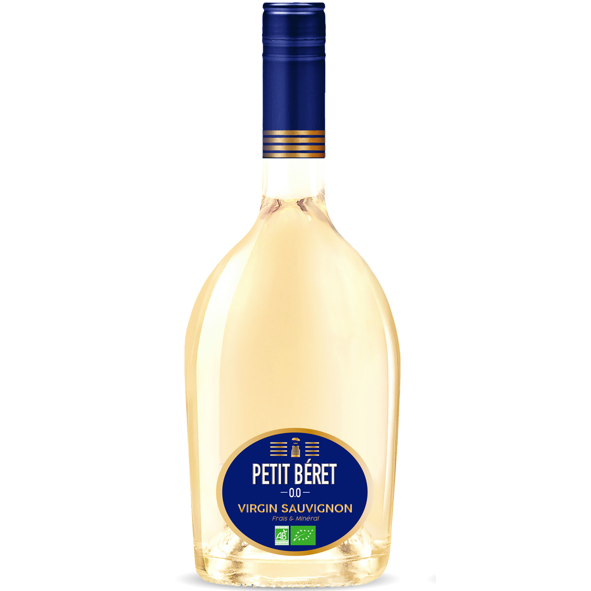 Bouteille de vin blanc sans alcool cépage Sauvignon, bio, de la marque française Petit Bérêt